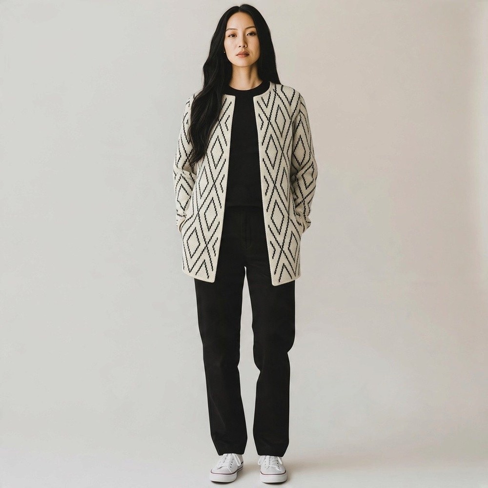 Oliver by Escio Cardigan S Black White Diamond Knit Open Mod Office Minimalist